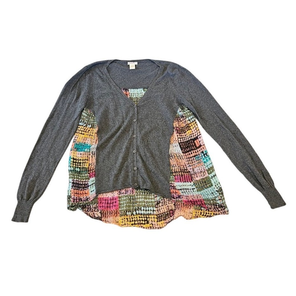 Sundance Mixed Media Silk Patchwork Cardigan Sweater Gray Multi Color Large